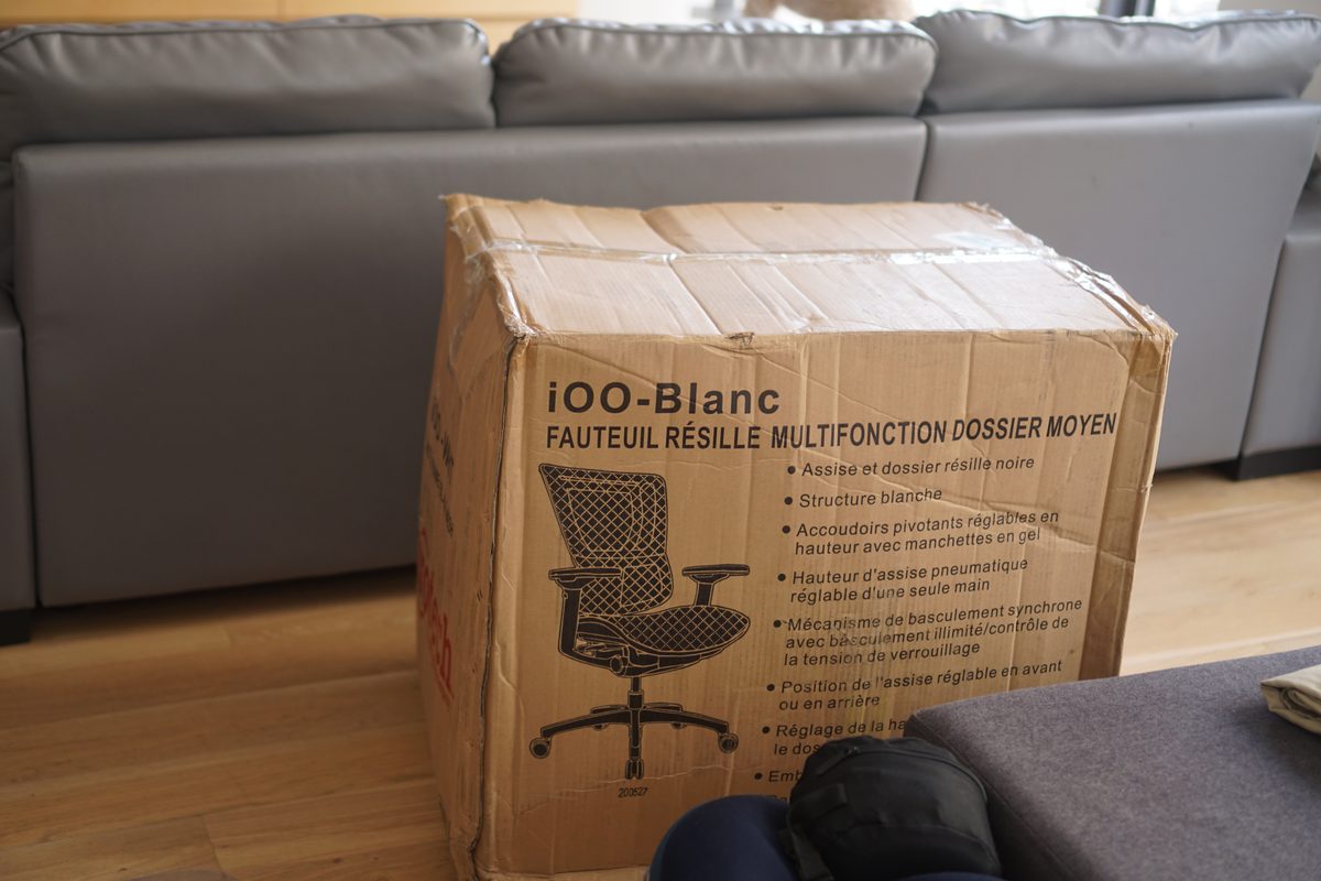 The sealed Eurotech carton labelled iOO-Blanc, fauteuil resille multifonction dossier moyen