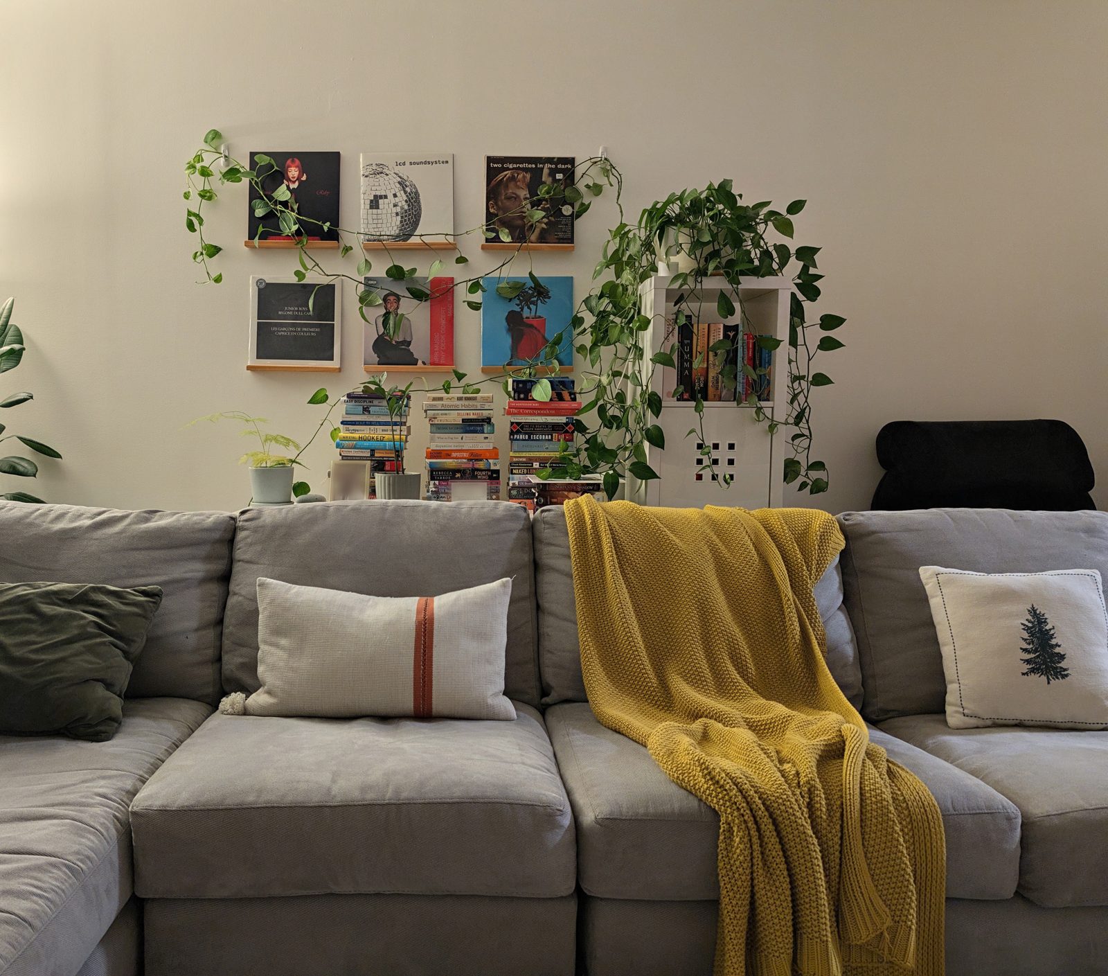 Our living room, with the hand-me-down Crate & Barrel sofa beside a wall of vinyl records, an IKEA Kallax and a dresser stacked with books behind it