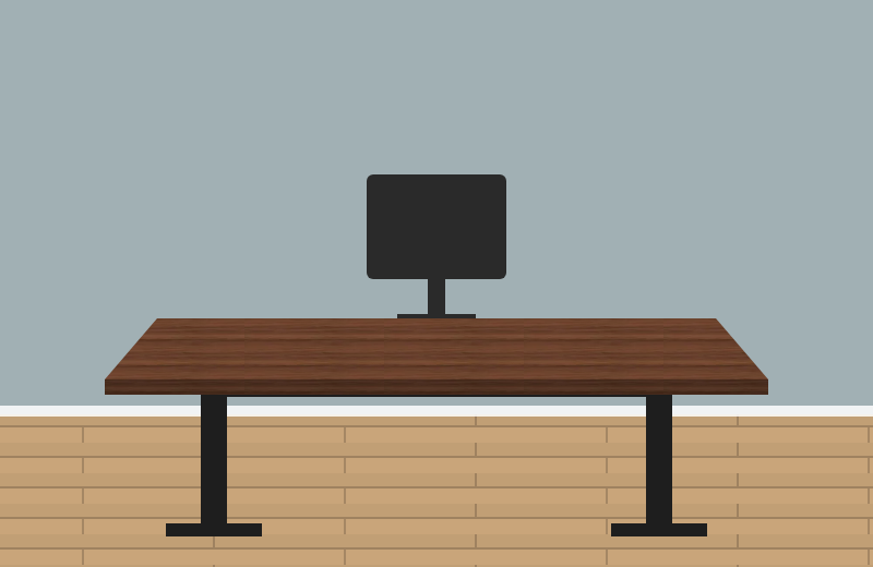 Drawing of a FlexiSpot E7 standing desk with a Black Walnut Wood top and a black frame in front of a Benjamin Moore Beneath the Clouds blue-gray wall, on a light oak floor, where the walnut top stands out