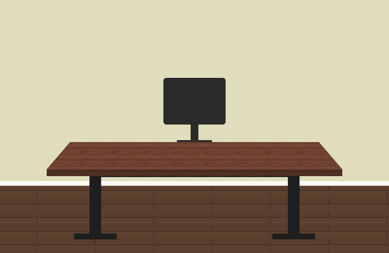 Drawing of an Uplift V3 standing desk with a Walnut Laminate top and a black frame in front of a Sherwin-Williams Celery wall, on a dark brown floor, where the walnut top stands out against the light green