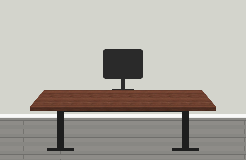 Drawing of an Uplift V3 standing desk with a Walnut Laminate top and a black frame in front of a Benjamin Moore Gray Owl wall, on a gray floor, where the dark top stands out against the light gray wall