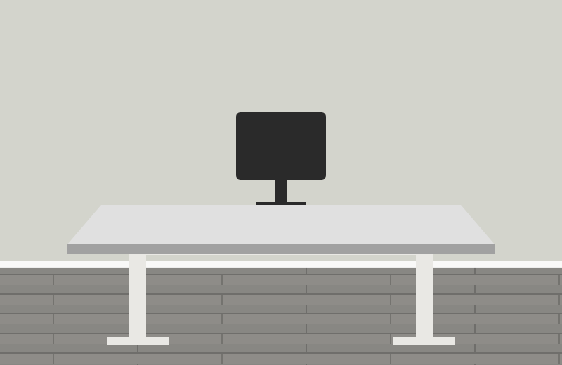 Drawing of an Uplift V3 standing desk with a White Laminate top and a white frame in front of a Benjamin Moore Gray Owl wall, on a gray floor, where the white top blends into the light gray wall
