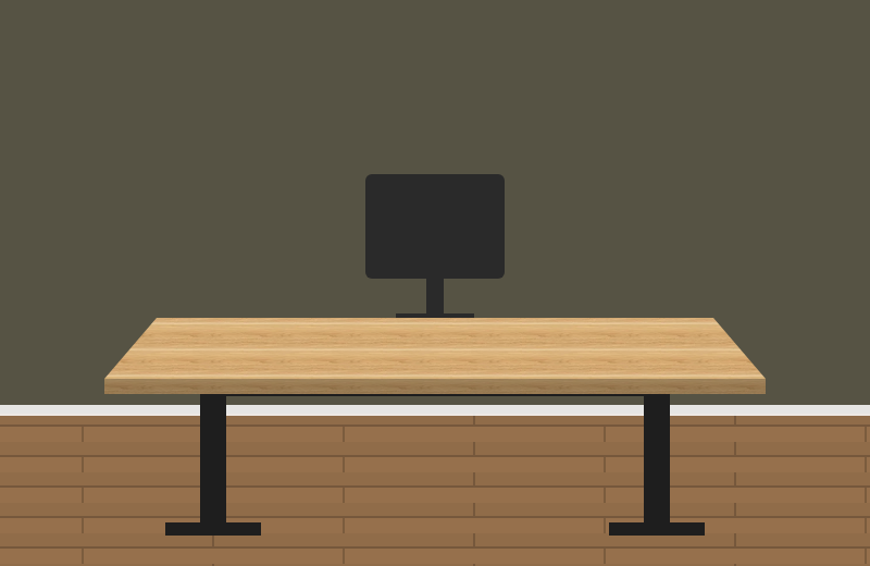 Drawing of a FlexiSpot E7 Pro standing desk with a Maple laminate top and a black frame in front of a Behr Grounded olive wall, on a mid wood floor, where the maple top stands out against the dark olive