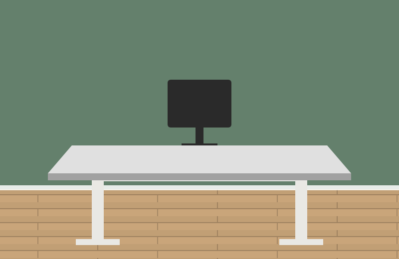 Drawing of an Uplift V3 standing desk with a White Laminate top and a white frame in front of a Benjamin Moore Webster Green wall, on a light oak floor, where the white top stands out against the deep green