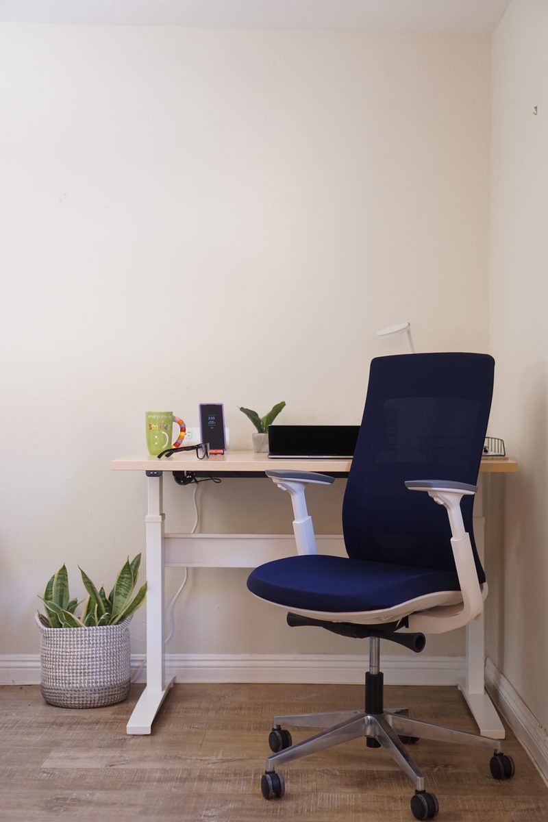A navy Eurotech Elevate with a white frame pulled up to a RightAngle Bonita standing desk in the corner of a den, with a mug, a phone, a small plant and a laptop on the maple top and a potted plant in a woven basket by the desk leg